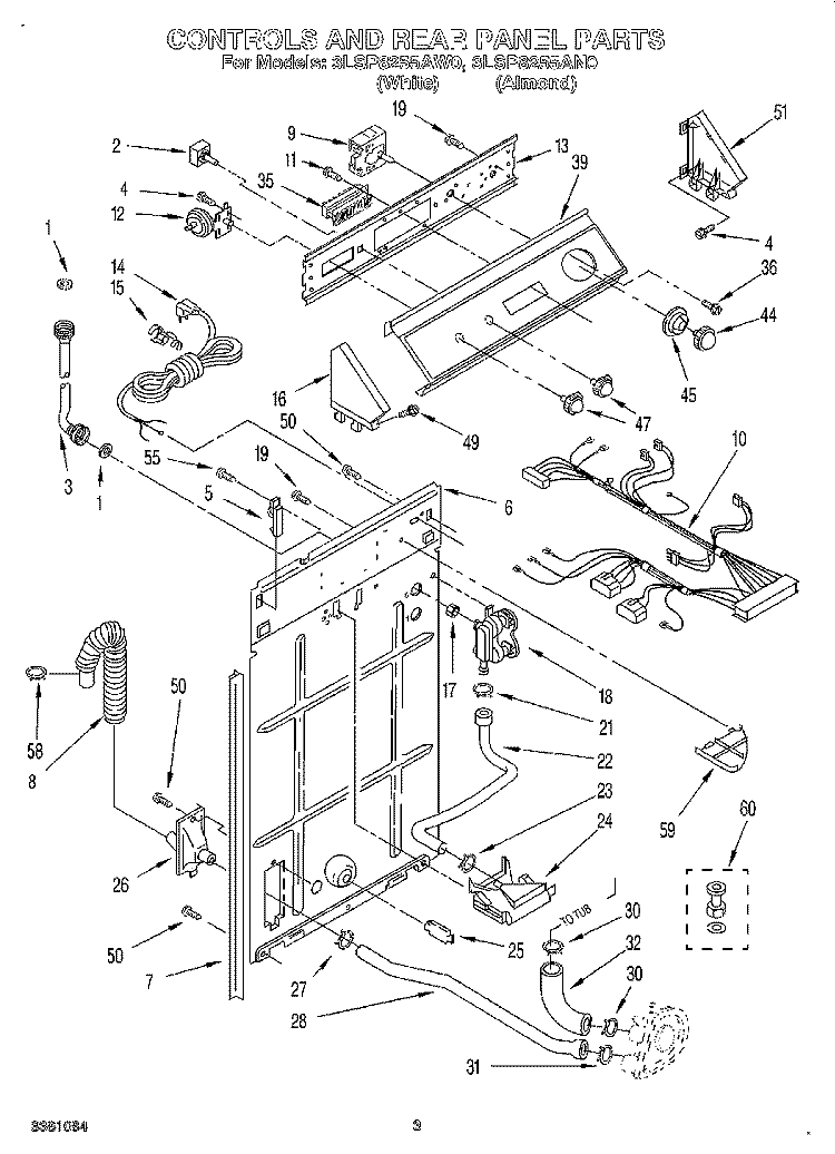 CONTROLS AND REAR PANEL Diagram and Parts List for 3LSP8255AW0  Whirlpool Washer