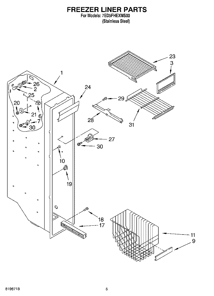 FREEZER LINER PARTS Diagram and Parts List for 7ED5FHEXMS00  Whirlpool Refrigerator