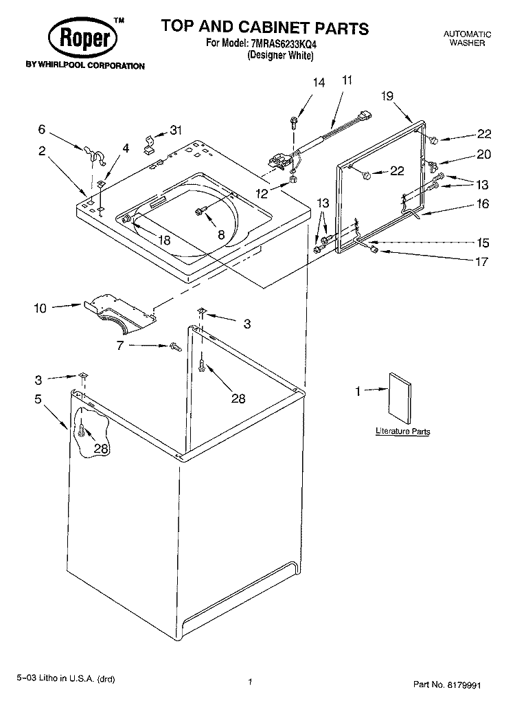 TOP AND CABINET PARTS Diagram and Parts List for 7MRAS6233KQ4  Roper Washer