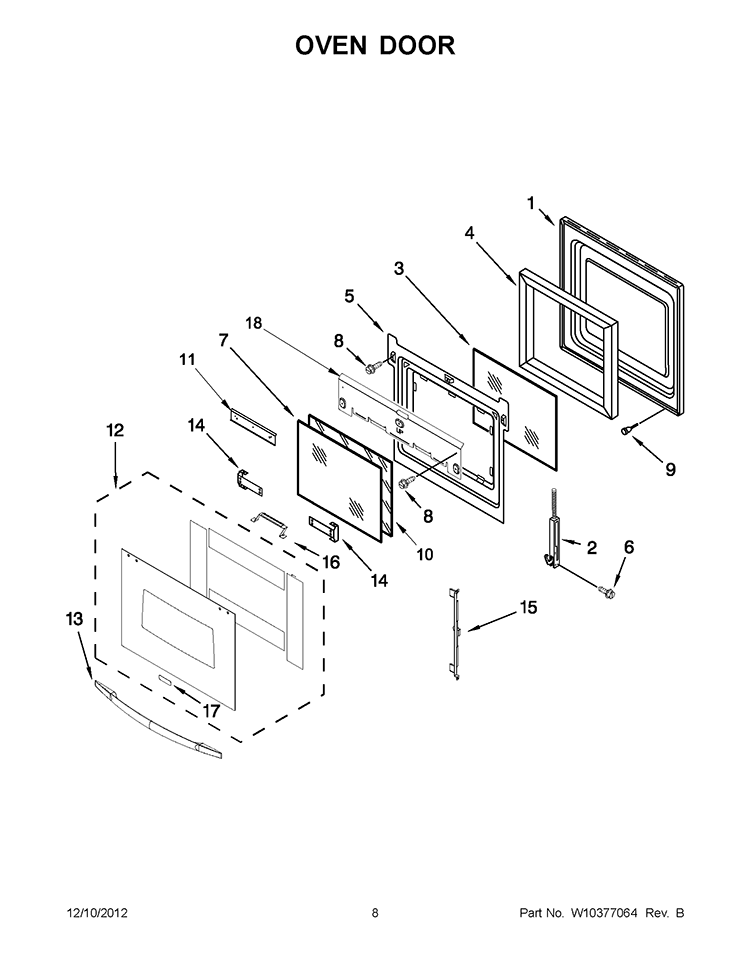 OVEN DOOR Diagram and Parts List for RBS307PVS03  Whirlpool Wall Oven