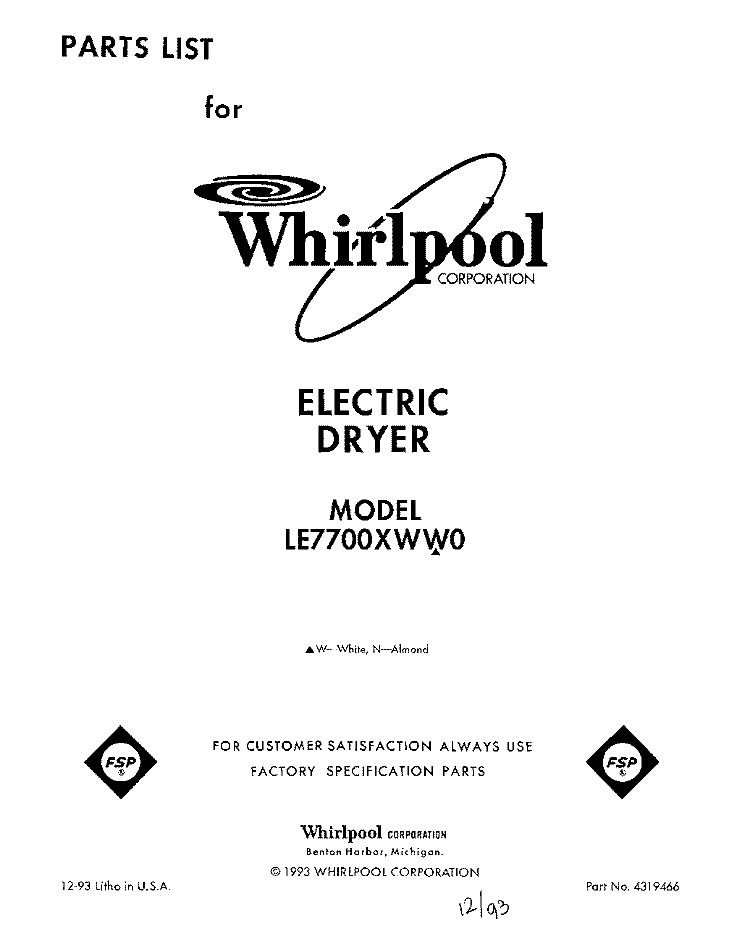SECTION Diagram and Parts List for LE7700XWN0  Whirlpool Dryer