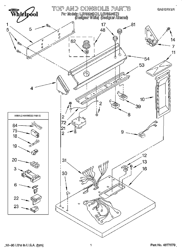 TOP AND CONSOLE, LIT/OPTIONAL Diagram and Parts List for LGV6634DZ1  Whirlpool Dryer