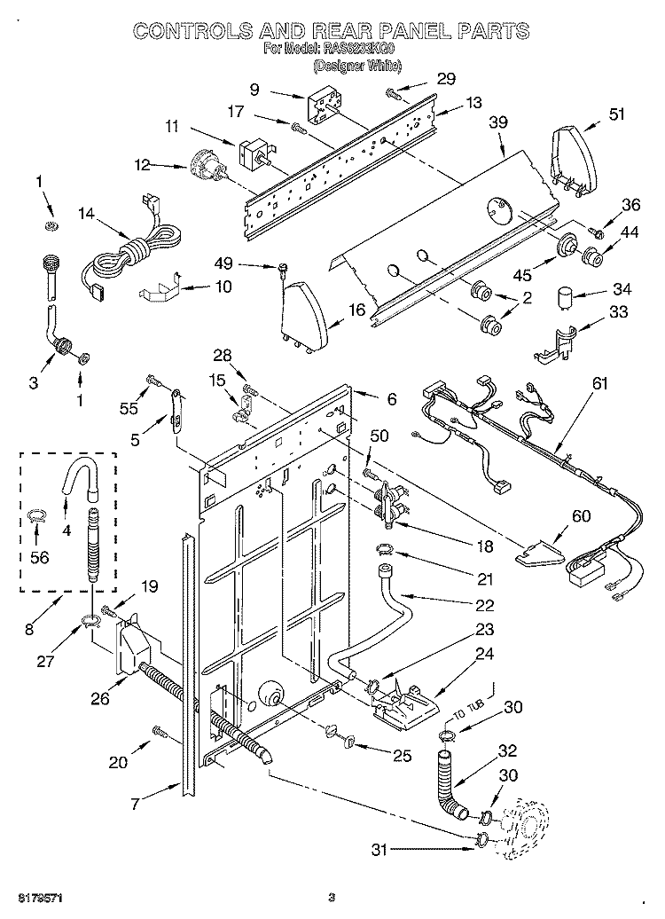 CONTROLS AND REAR PANEL Diagram and Parts List for RAS6233KQ0  Roper Washer
