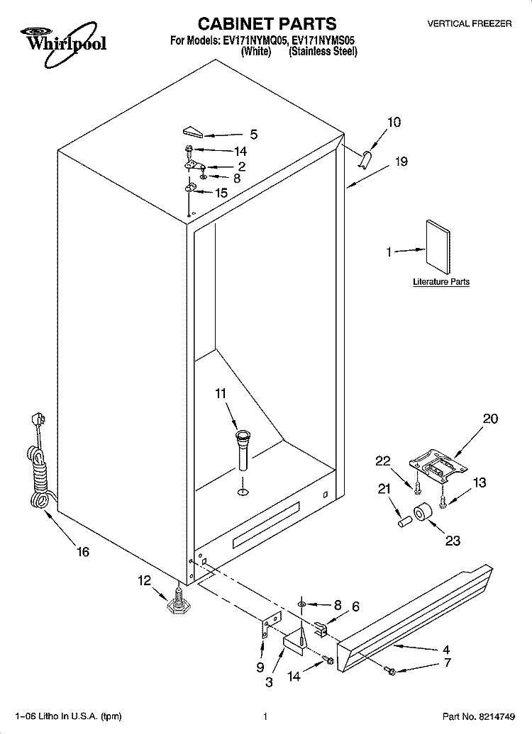 CABINET PARTS Diagram and Parts List for EV171NYMQ05  Whirlpool Freezer