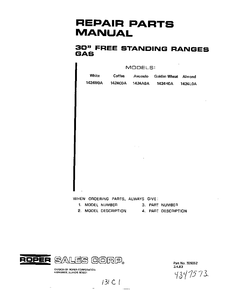 BACKGUARD Diagram and Parts List for 1424W0A  Roper Range