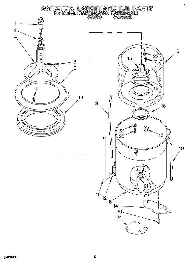 AGITATOR, BASKET AND TUB Diagram and Parts List for RAM5243AL0  Whirlpool Washer