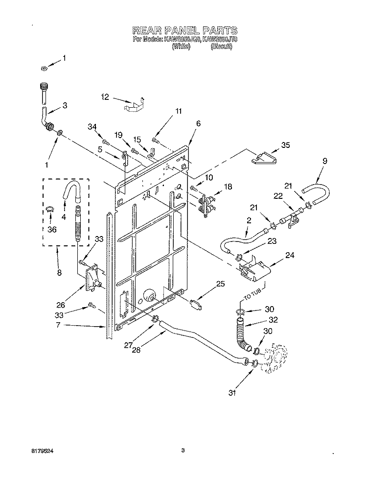 REAR PANEL Diagram and Parts List for KAWS850JQ0  KitchenAid Washer