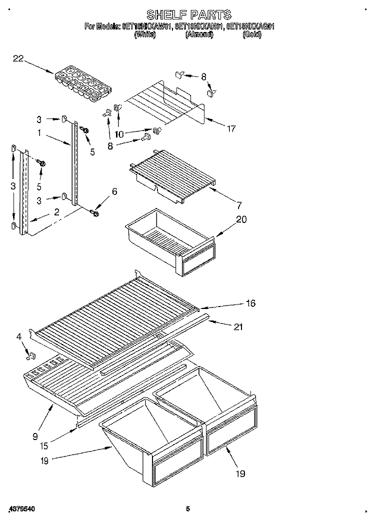 SHELF Diagram and Parts List for 8ET18NKXAN01  Whirlpool Refrigerator