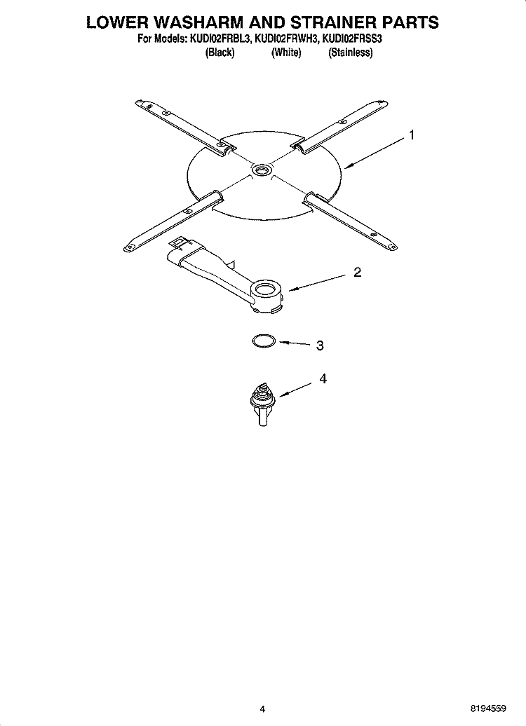 LOWER WASHARM AND STRAINER PARTS Diagram and Parts List for KUDI02FRWH3  KitchenAid Dishwasher