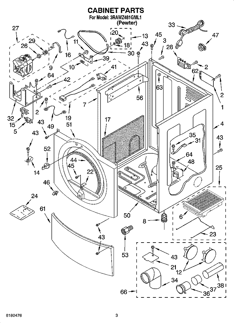 CABINET PARTS Diagram and Parts List for 3RAWZ481GML1  Whirlpool Dryer