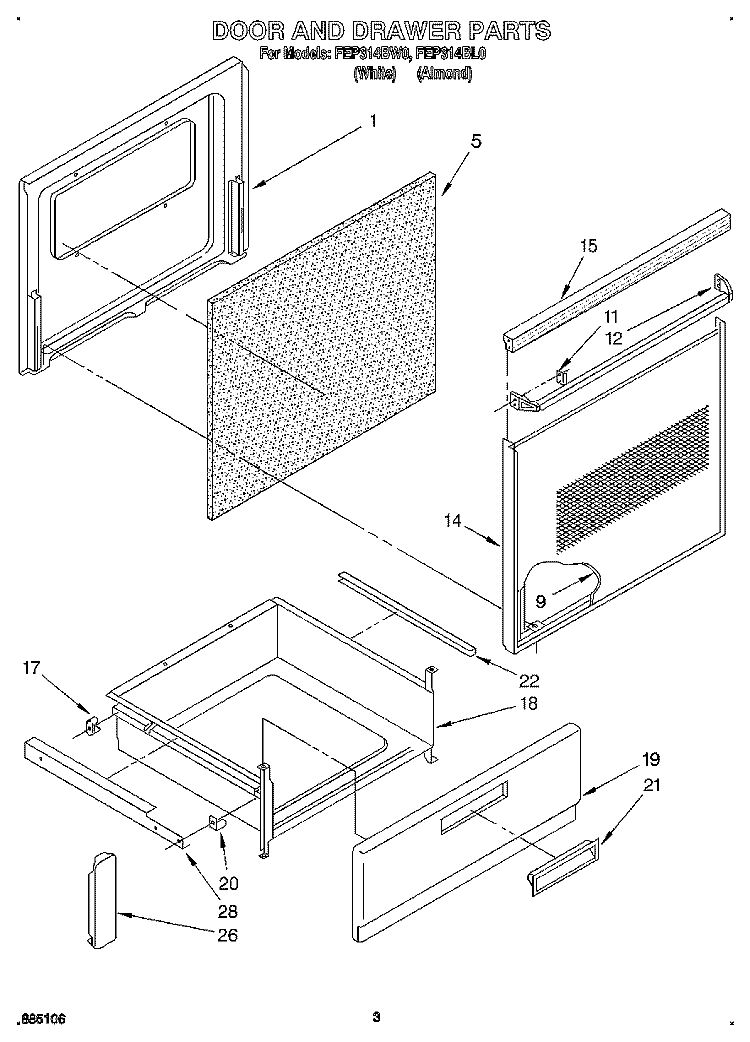 DOOR AND DRAWER Diagram and Parts List for FEP314BL0  Roper Range