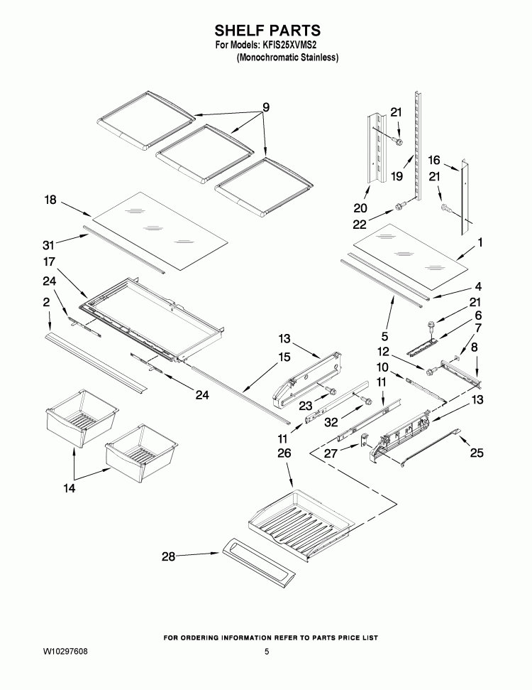 SHELF PARTS Diagram and Parts List for KFIS25XVMS2  KitchenAid Refrigerator