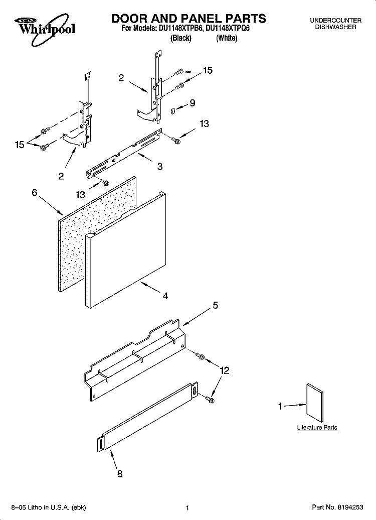 DOOR AND PANEL PARTS Diagram and Parts List for DU1148XTPQ6  Whirlpool Dishwasher