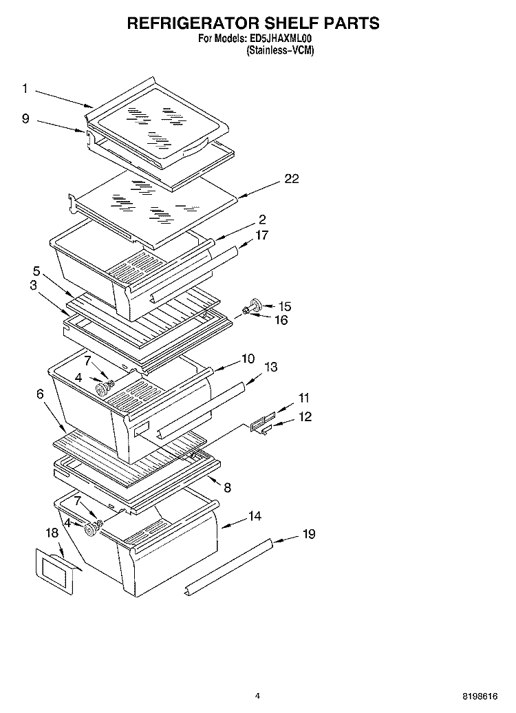 REFRIGERATOR SHELF PARTS Diagram and Parts List for ED5JHAXML00  Whirlpool Refrigerator