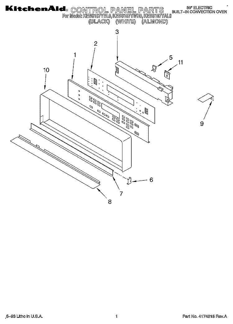 CONTROL PANEL Diagram and Parts List for KEBS107YAL0  KitchenAid Wall Oven