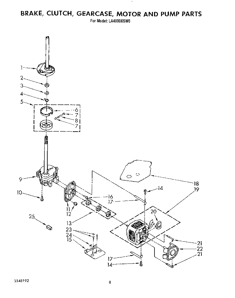 BRAKE, CLUTCH, GEARCASE, MOTOR AND PUMP Diagram and Parts List for LA4800XSW0  Whirlpool Washer