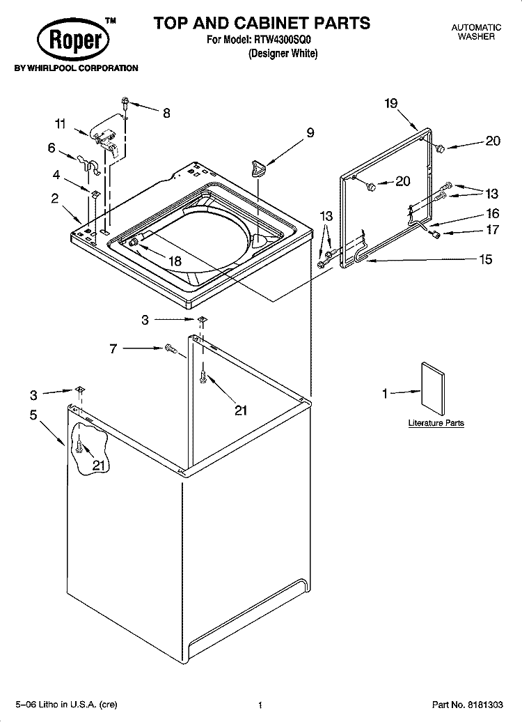 TOP AND CABINET PARTS Diagram and Parts List for RTW4300SQ0  Roper Washer