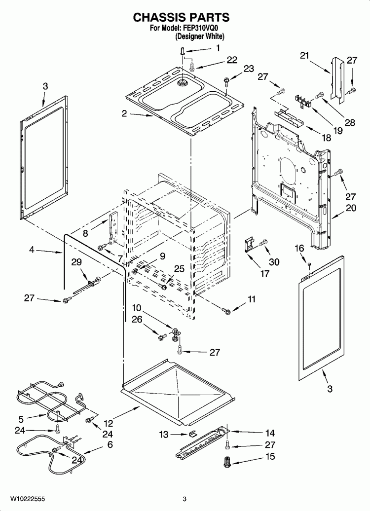 CHASSIS PARTS Diagram and Parts List for FEP310VQ0  Roper Range