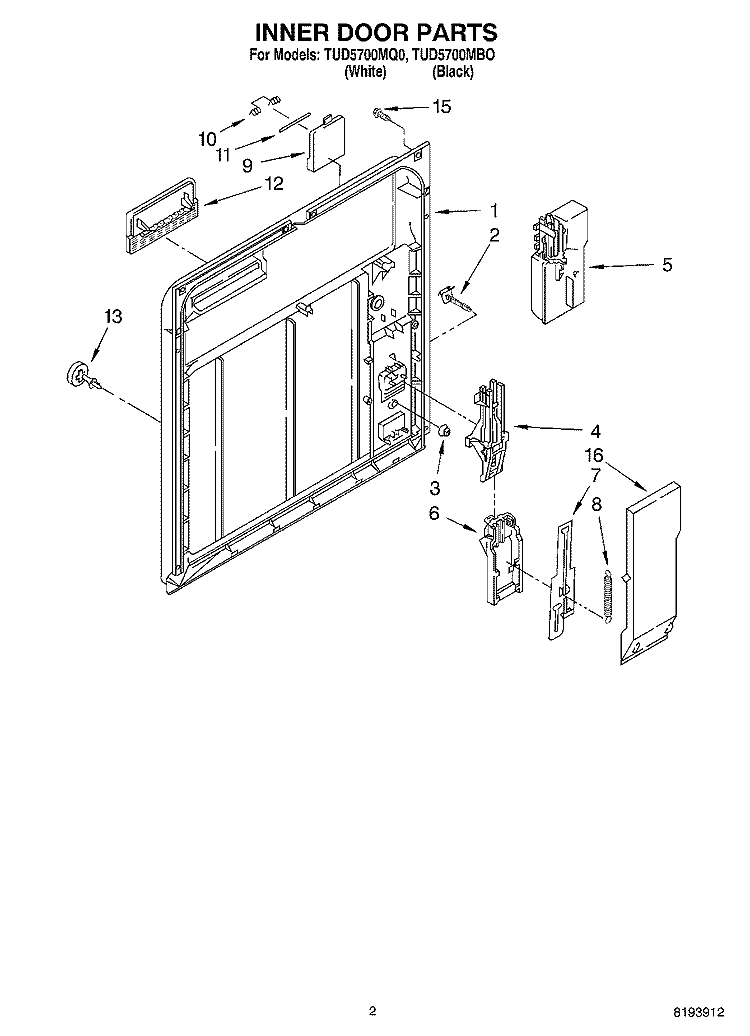 INNER DOOR PARTS Diagram and Parts List for TUD5700MQ0  Estate Dishwasher