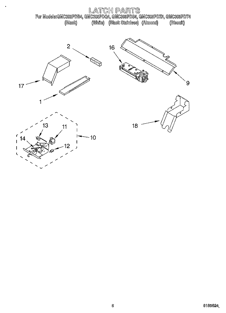 LATCH Diagram and Parts List for GMC305PDS4  Whirlpool Microwave Oven Combo