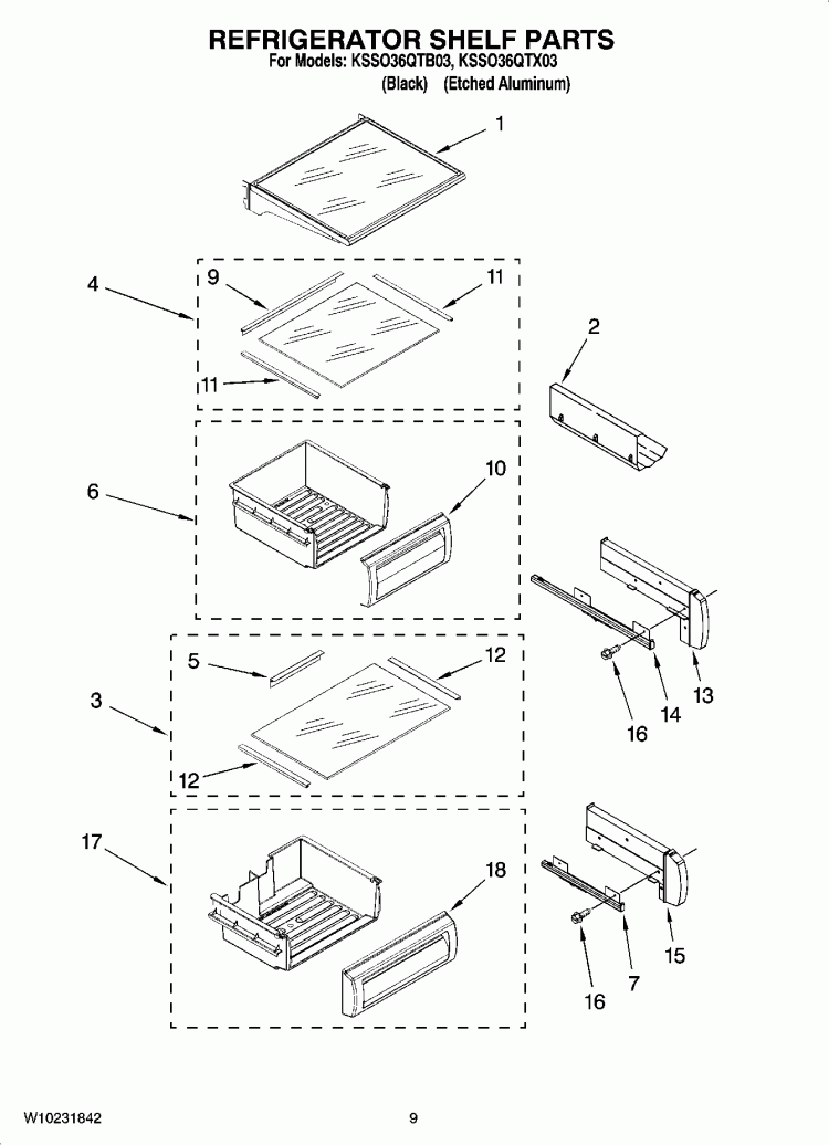 REFRIGERATOR SHELF PARTS Diagram and Parts List for KSSO36QTX03  KitchenAid Refrigerator