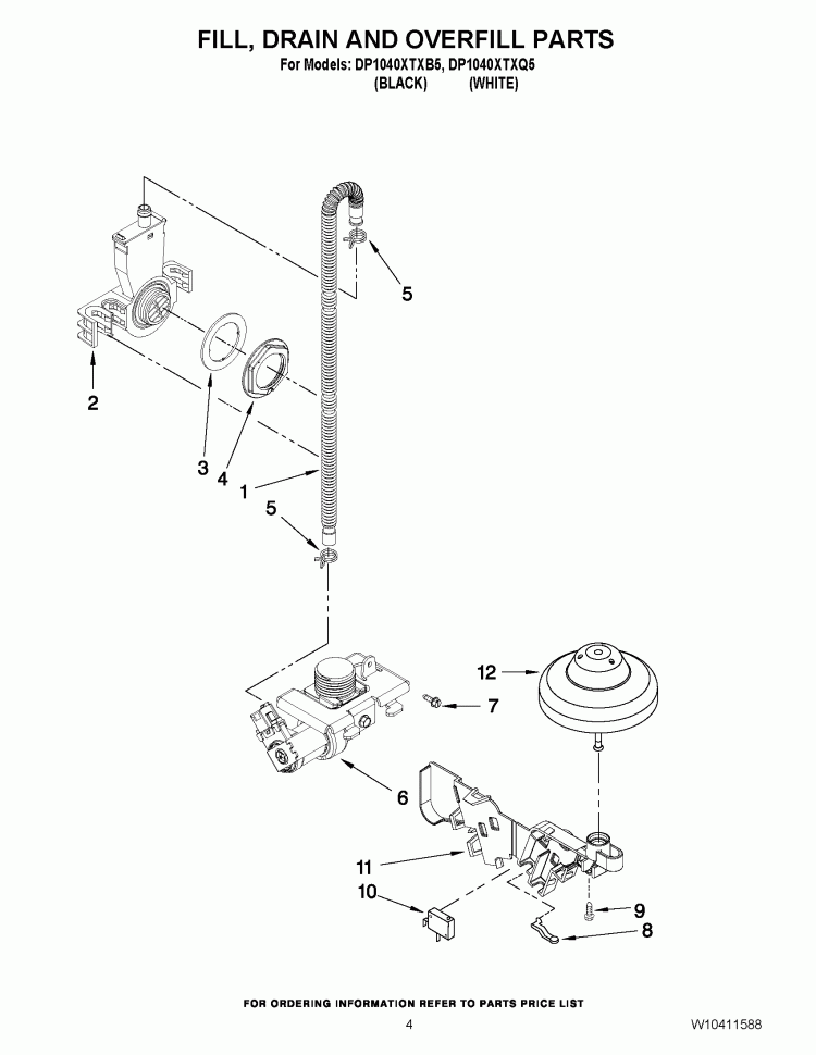 FILL, DRAIN AND OVERFILL PARTS Diagram and Parts List for DP1040XTXB5  Whirlpool Dishwasher