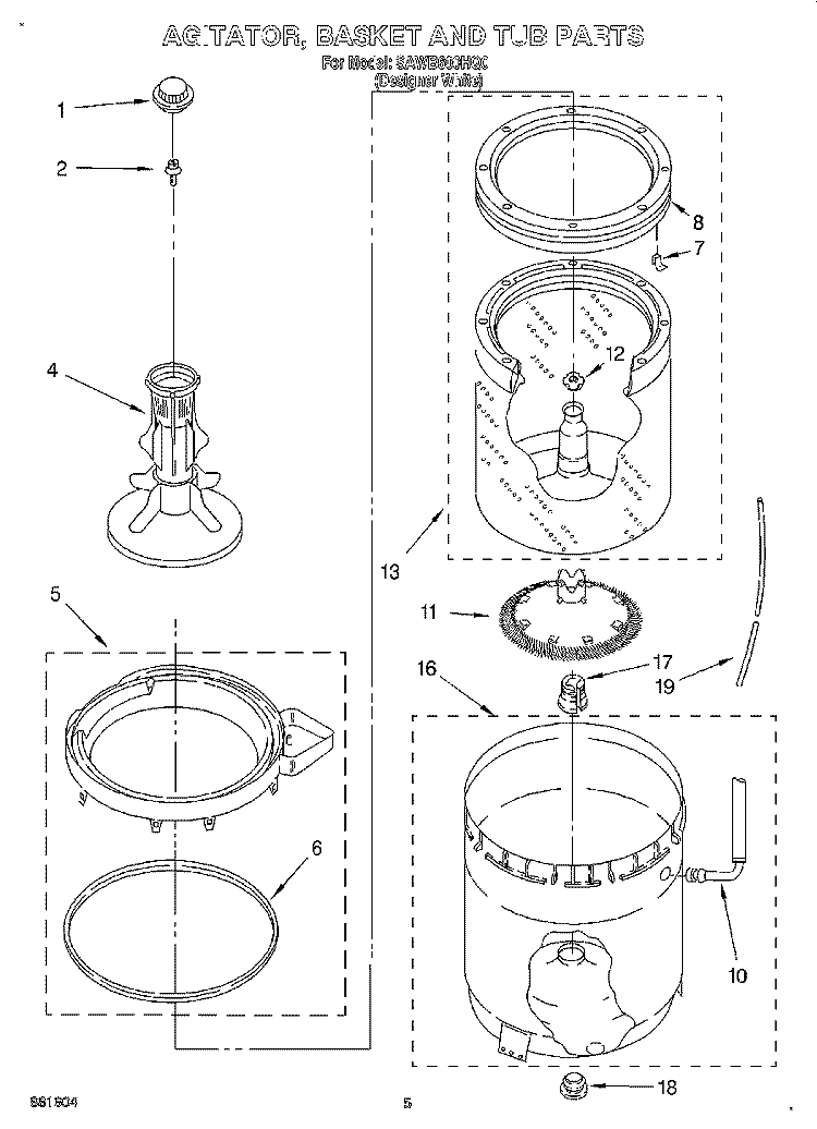 AGITATOR, BASKET AND TUB Diagram and Parts List for SAWB600HQ0  Whirlpool Washer