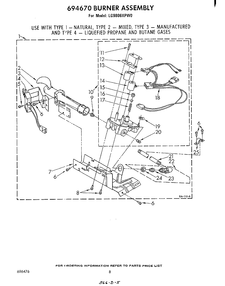 694670 BURNER Diagram and Parts List for LG9806XPW0  Whirlpool Dryer