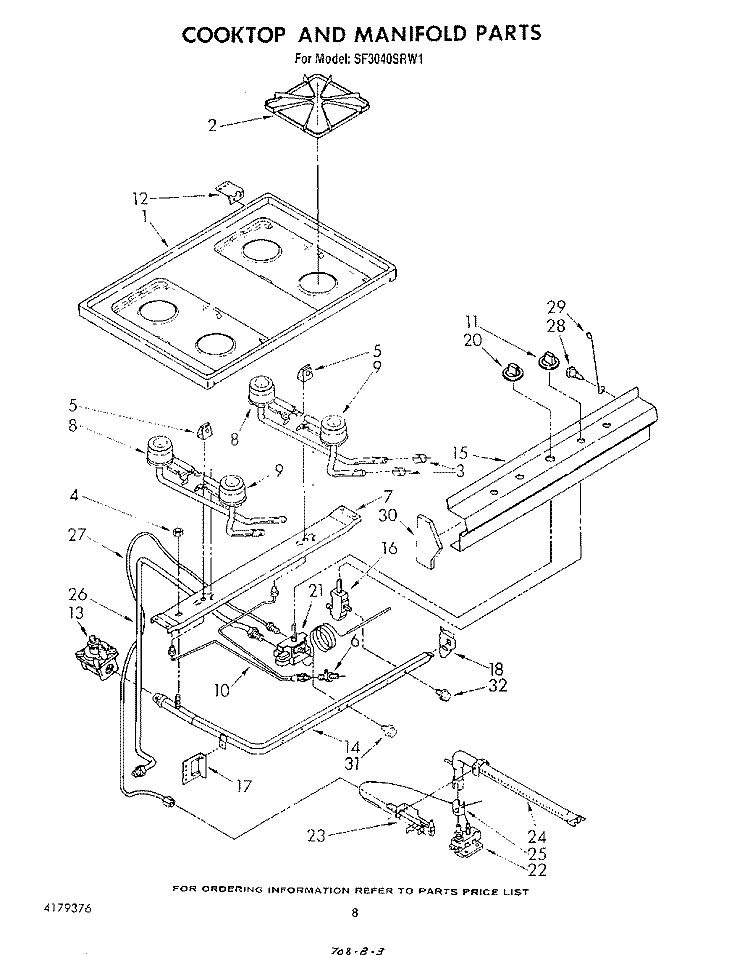 COOKTOP AND MANIFOLD , LITERATURE AND OPTIONAL Diagram and Parts List for SF3040SRW1  Whirlpool Range