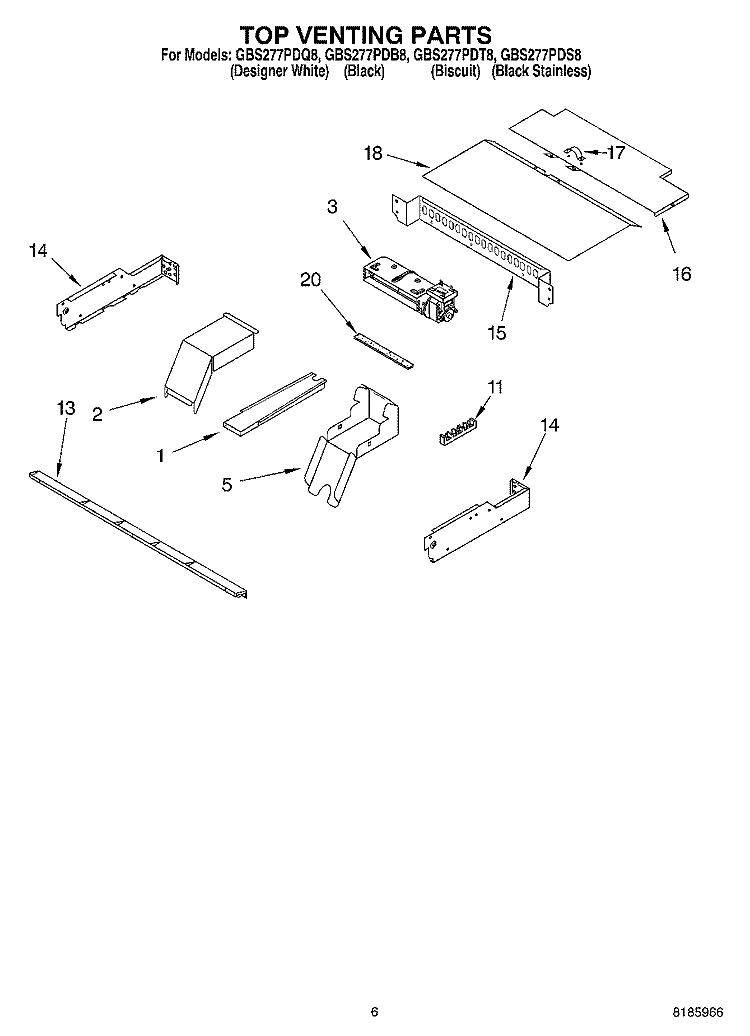TOP VENTING Diagram and Parts List for GBS277PDS8  Whirlpool Wall Oven