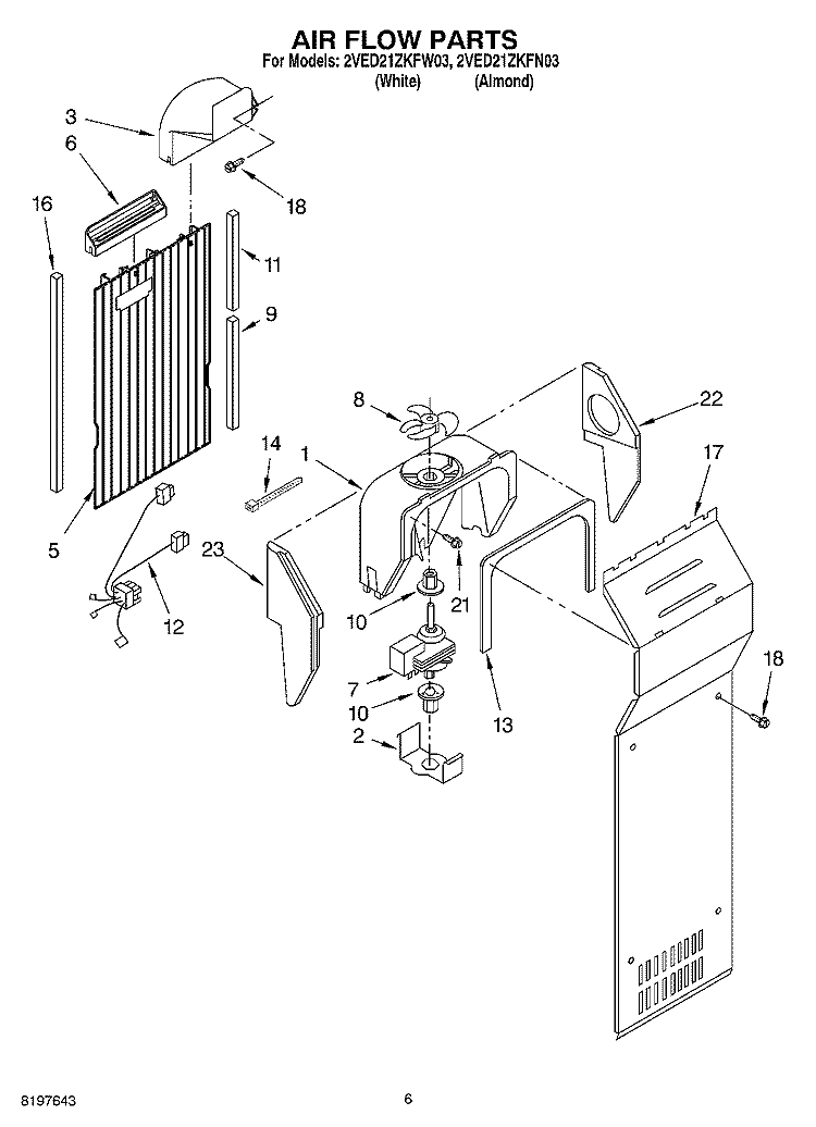 AIR FLOW Diagram and Parts List for 2VED21ZKFN03  Whirlpool Refrigerator