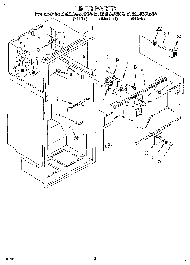 LINER Diagram and Parts List for ET22DKXAW03  Whirlpool Refrigerator
