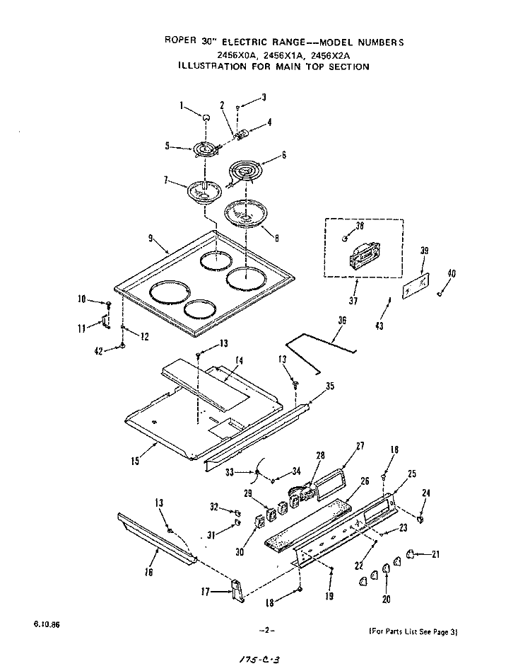 MAIN TOP Diagram and Parts List for 2456X0A  Roper Range