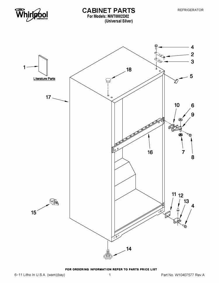 CABINET PARTS Diagram and Parts List for NWT0002D02  Whirlpool Refrigerator