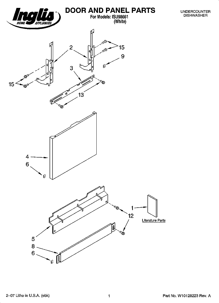 DOOR AND PANEL PARTS Diagram and Parts List for ISU98661  Inglis Dishwasher