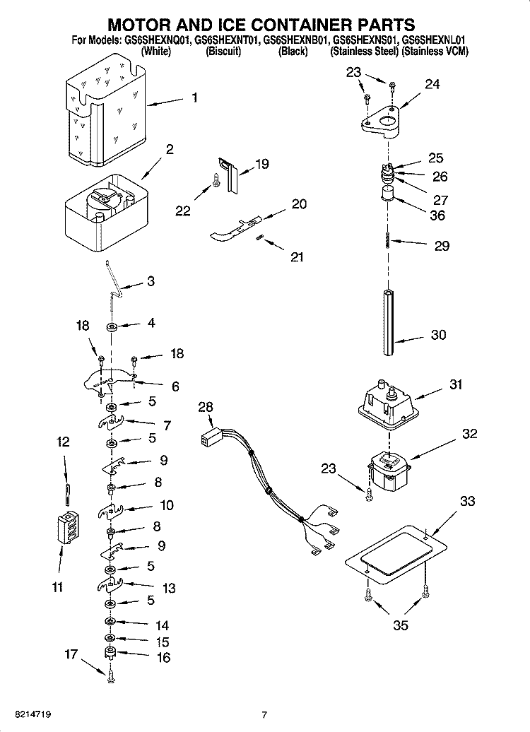 MOTOR AND ICE CONTAINER PARTS Diagram and Parts List for GS6SHEXNL01  Whirlpool Refrigerator