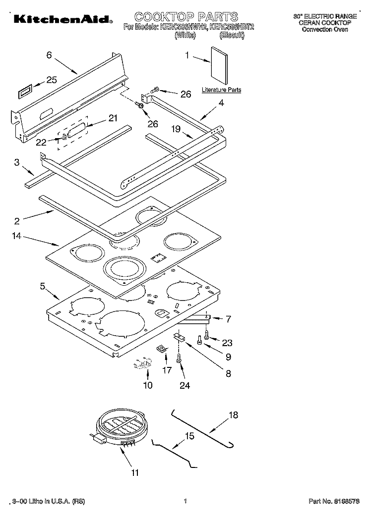 COOKTOP, LITERATURE Diagram and Parts List for KERC506HWH2  KitchenAid Range