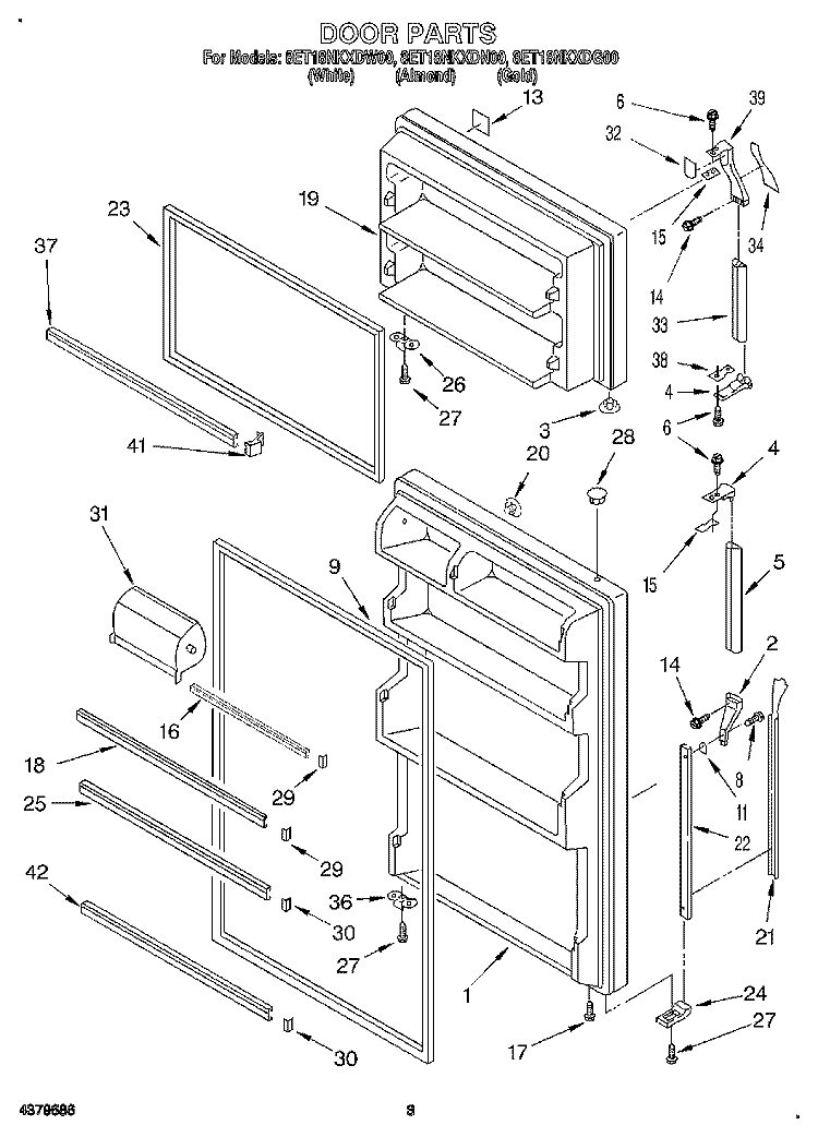 DOOR Diagram and Parts List for 8ET18NKXDG00  Whirlpool Refrigerator