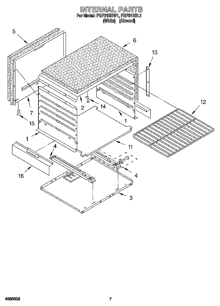 INTERNAL Diagram and Parts List for FGP315BW1  Roper Range