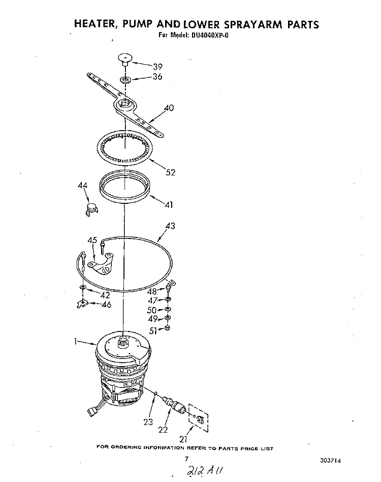 HEATER, PUMP AND LOWER SPRAYARM Diagram and Parts List for DU4040XP0  Whirlpool Dishwasher