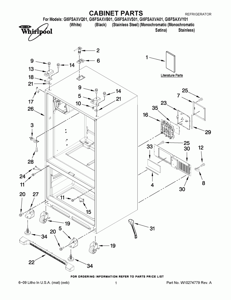 CABINET PARTS Diagram and Parts List for GI5FSAXVA01  Whirlpool Refrigerator