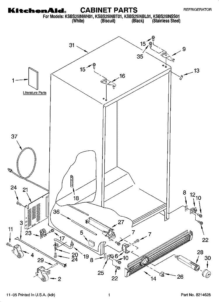 CABINET PARTS Diagram and Parts List for KSBS25INWH01  KitchenAid Refrigerator