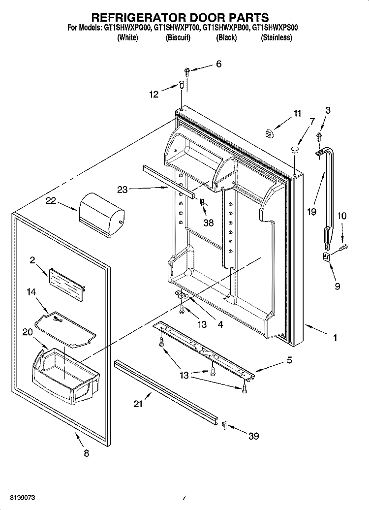 REFRIGERATOR DOOR PARTS Diagram and Parts List for GT1SHWXPT00  Whirlpool Refrigerator