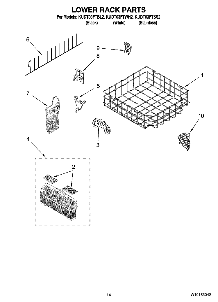 LOWER RACK PARTS Diagram and Parts List for KUDT03FTBL2  KitchenAid Dishwasher