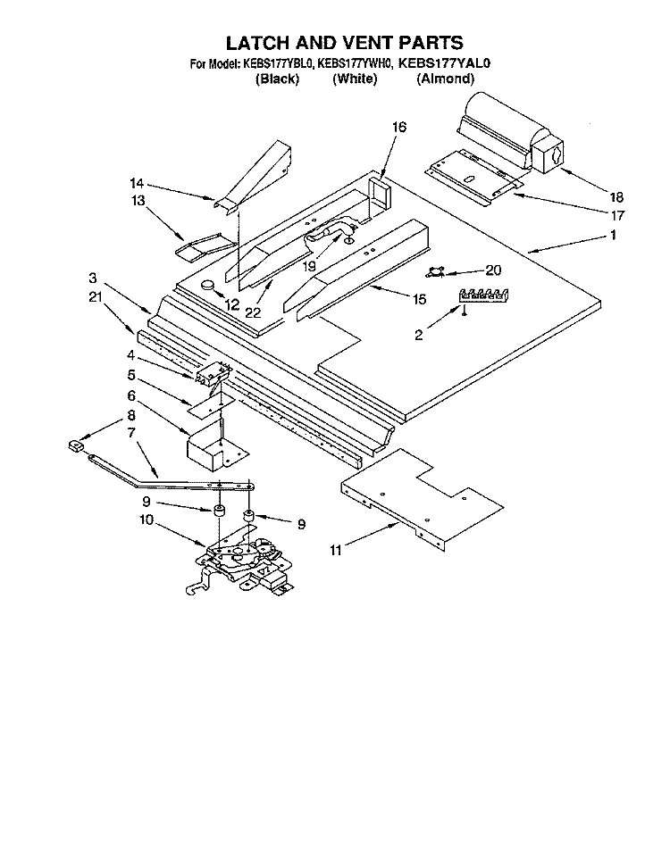 LATCH AND VENT Diagram and Parts List for KEBS177YAL0  KitchenAid Wall Oven