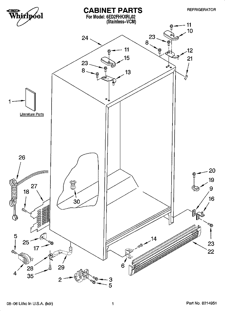 CABINET PARTS Diagram and Parts List for 6ED2FHKXRL02  Whirlpool Refrigerator