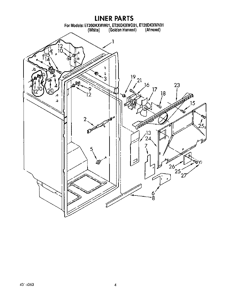LINER Diagram and Parts List for ET20DKXWN01  Whirlpool Refrigerator
