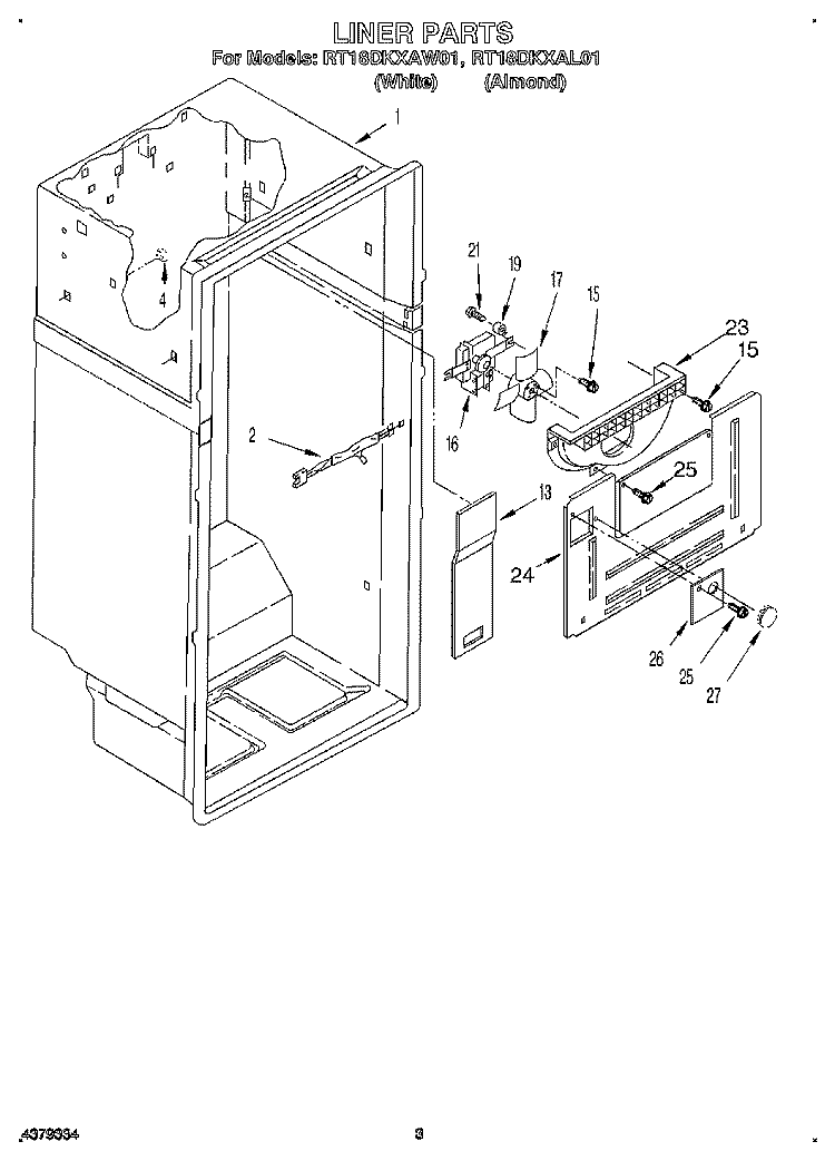 LINER Diagram and Parts List for RT18DKXAL01  Roper Refrigerator