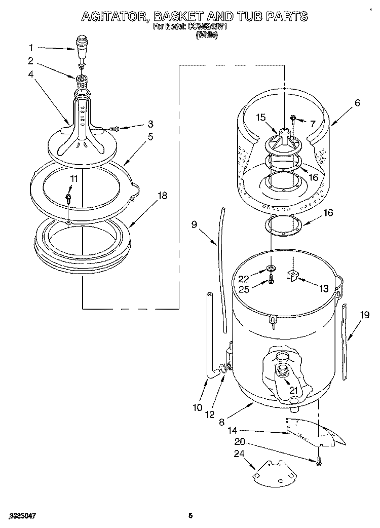 AGITATOR, BASKET AND TUB Diagram and Parts List for CCW5243W1  Whirlpool Washer