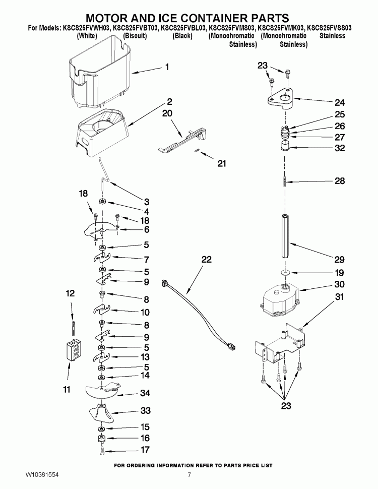 MOTOR AND ICE CONTAINER PARTS Diagram and Parts List for KSCS25FVBL03  KitchenAid Refrigerator
